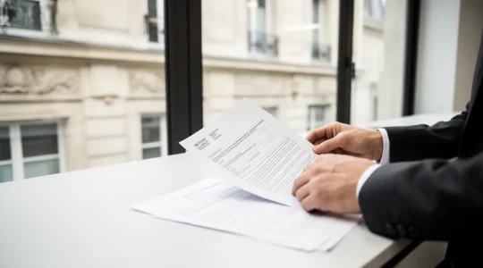 Un banquier analysant attentivement un document Kbis dans un bureau moderne avec des dossiers de prêt