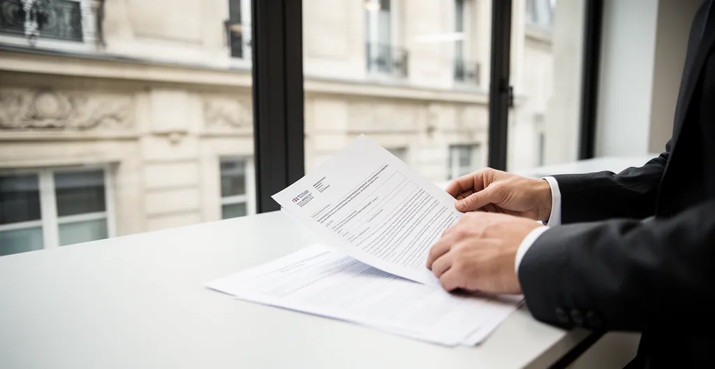 Un banquier analysant attentivement un document Kbis dans un bureau moderne avec des dossiers de prêt