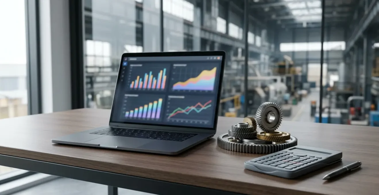 Bureau moderne avec calculateur financier, graphiques de VAN ascendants et silhouette d'usine industrielle en arrière-plan