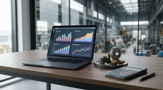 Bureau moderne avec calculateur financier, graphiques de VAN ascendants et silhouette d'usine industrielle en arrière-plan