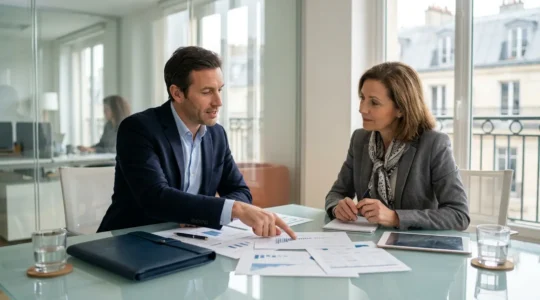 Un entrepreneur présentant son dossier de capital social à un banquier dans un bureau moderne en France