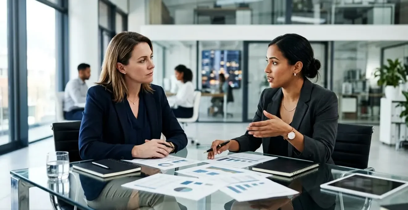 Deux dirigeants d'entreprise collaborent autour d'une table de réunion moderne avec des documents stratégiques