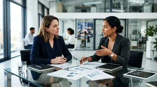 Deux dirigeants d'entreprise collaborent autour d'une table de réunion moderne avec des documents stratégiques