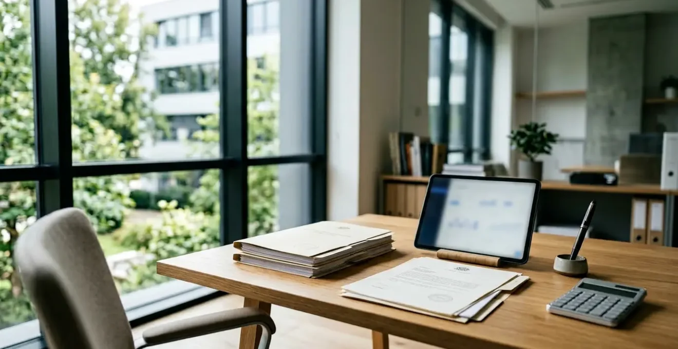 Vue d'ensemble d'un bureau d'entrepreneur avec documents juridiques et interface e-commerce