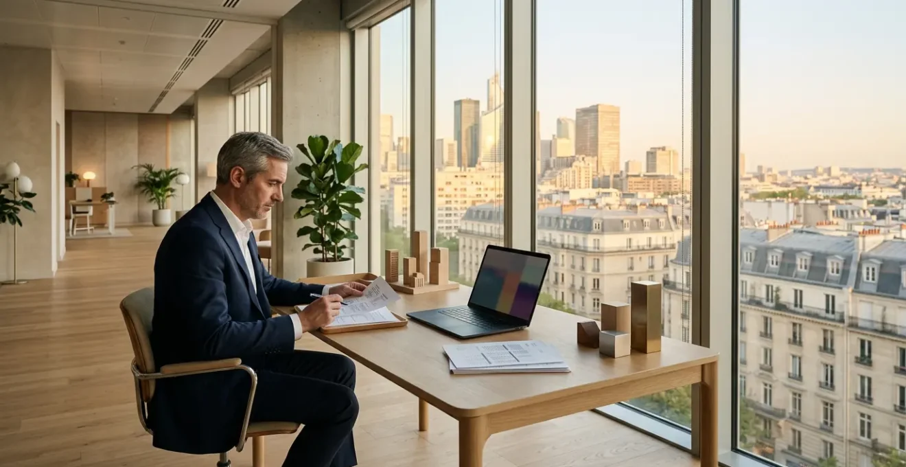 Entrepreneur analysant des documents de services consulaires dans un bureau moderne avec une vue sur un quartier d'affaires français