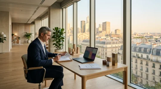 Entrepreneur analysant des documents de services consulaires dans un bureau moderne avec une vue sur un quartier d'affaires français