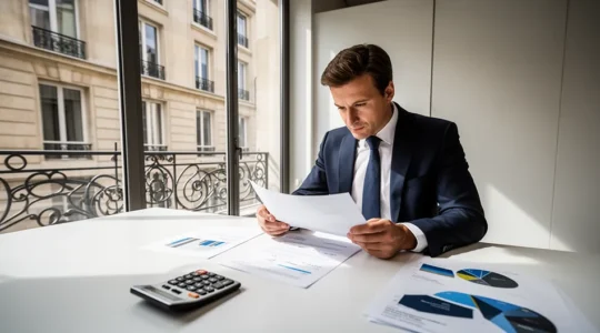 Représentation visuelle d'un chef d'entreprise analysant des documents comptables dans un bureau moderne
