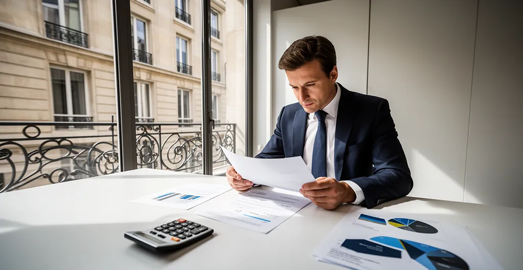 Représentation visuelle d'un chef d'entreprise analysant des documents comptables dans un bureau moderne