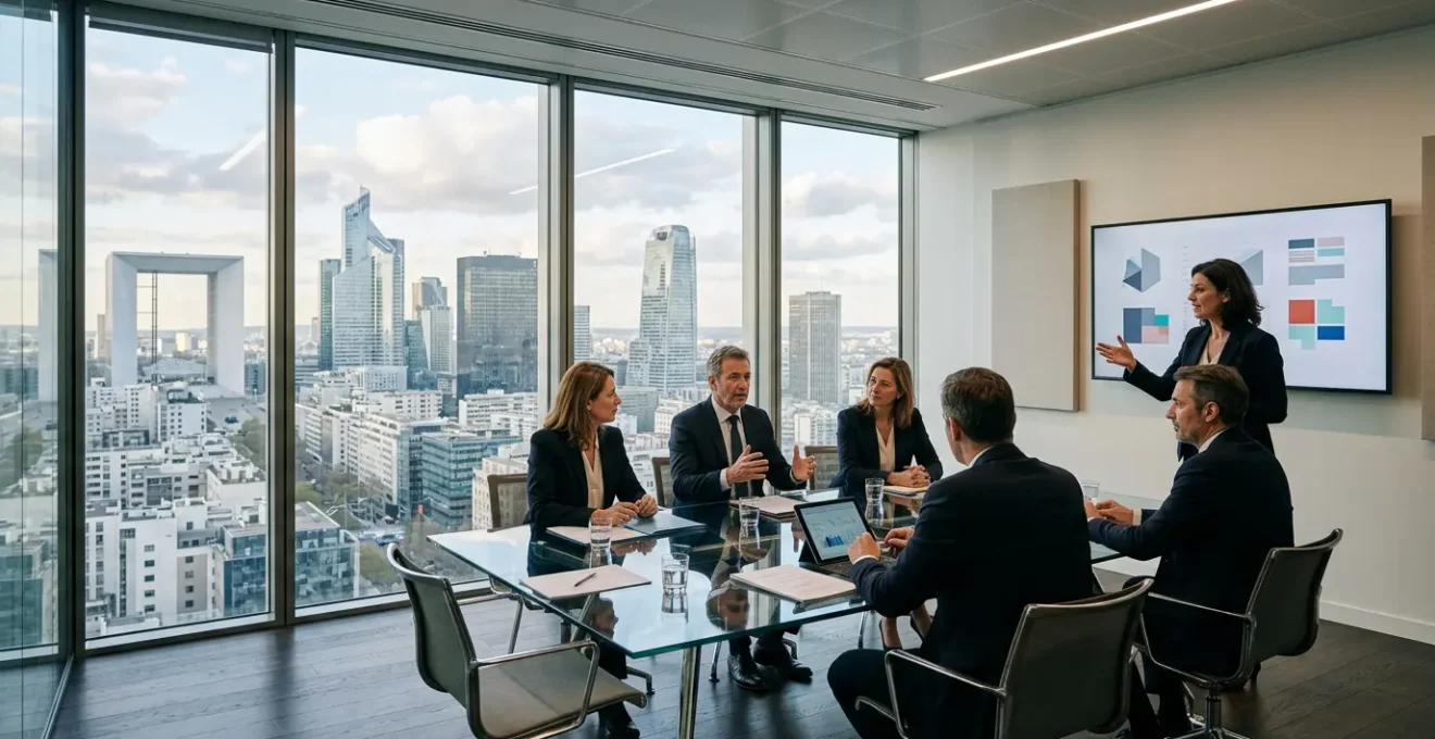 Réunion de conseil d'administration dans une salle moderne avec vue sur les tours de La Défense
