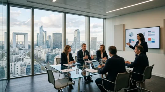 Réunion de conseil d'administration dans une salle moderne avec vue sur les tours de La Défense