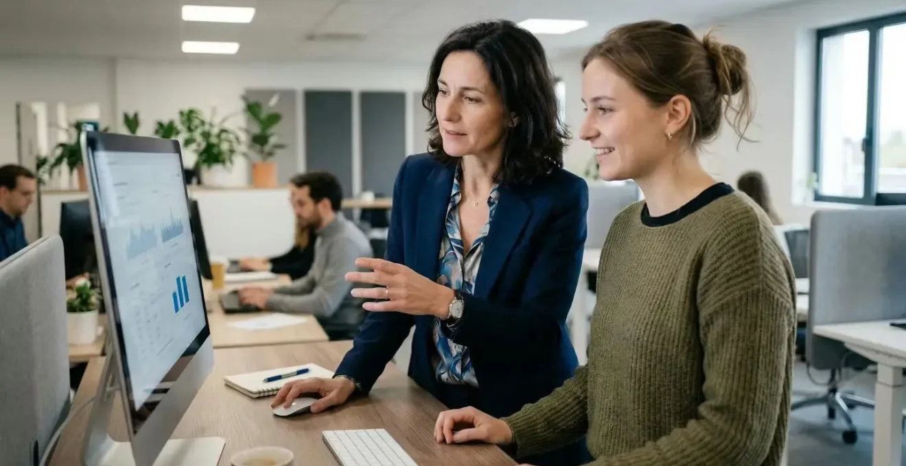 Conseillère accompagnant un créateur d'entreprise devant un écran (création d'entreprise)