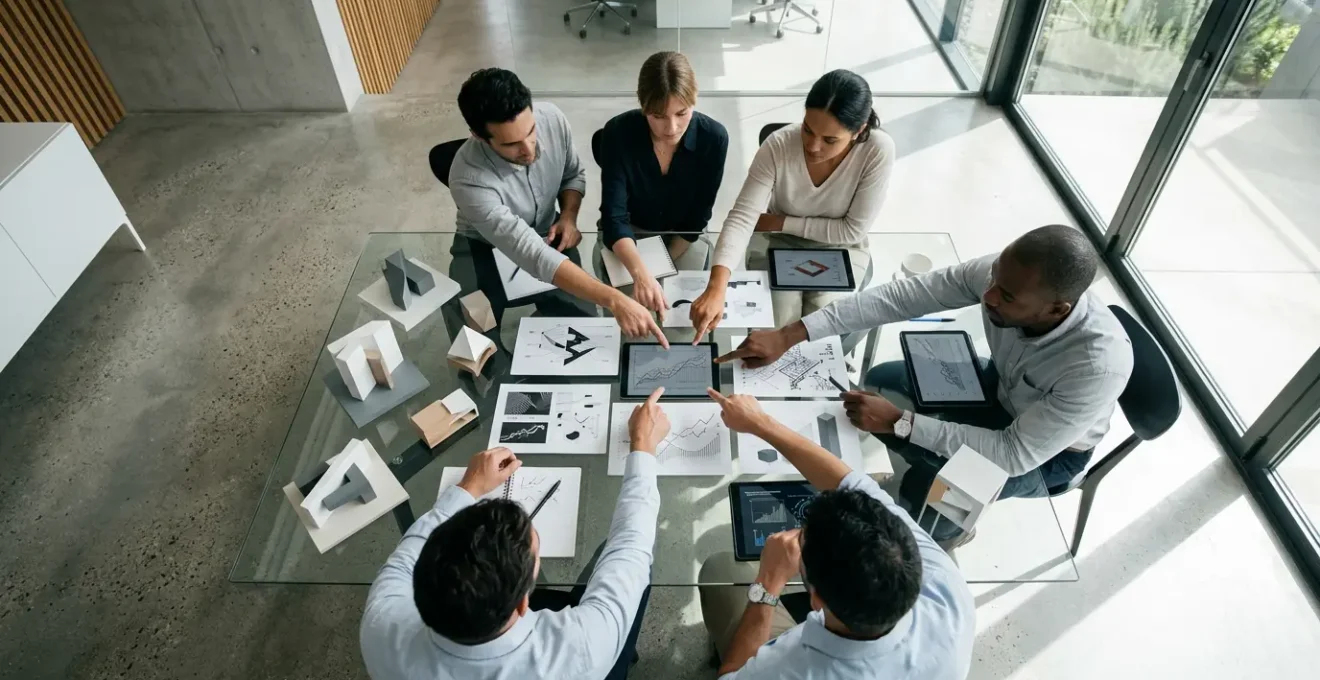 Réunion stratégique autour d'une table circulaire en verre avec documents techniques et maquettes technologiques, atmosphère collaborative et professionnelle