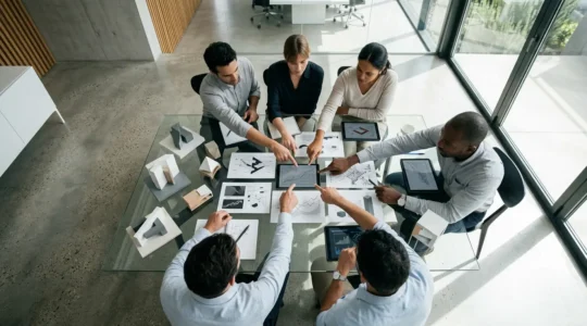 Réunion stratégique autour d'une table circulaire en verre avec documents techniques et maquettes technologiques, atmosphère collaborative et professionnelle