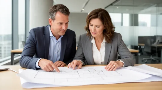 Couple d'entrepreneurs examinant des documents juridiques dans un bureau moderne avec lumière naturelle