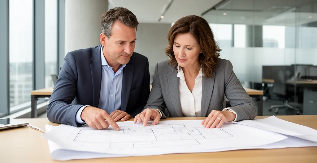 Couple d'entrepreneurs examinant des documents juridiques dans un bureau moderne avec lumière naturelle