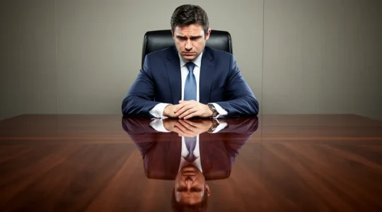 Un dirigeant d'entreprise seul dans son bureau face à son reflet, symbolisant le doute et la remise en question