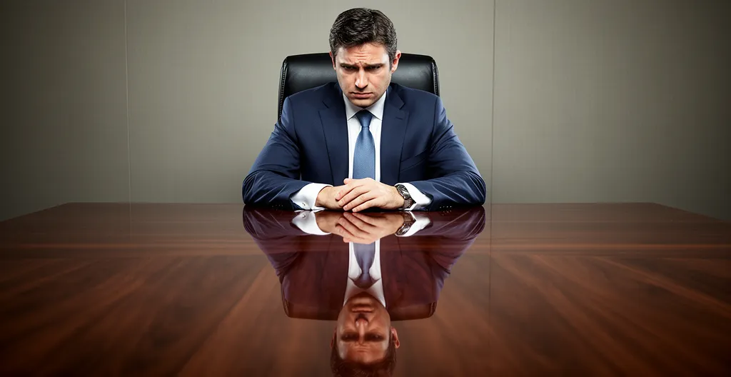 Un dirigeant d'entreprise seul dans son bureau face à son reflet, symbolisant le doute et la remise en question