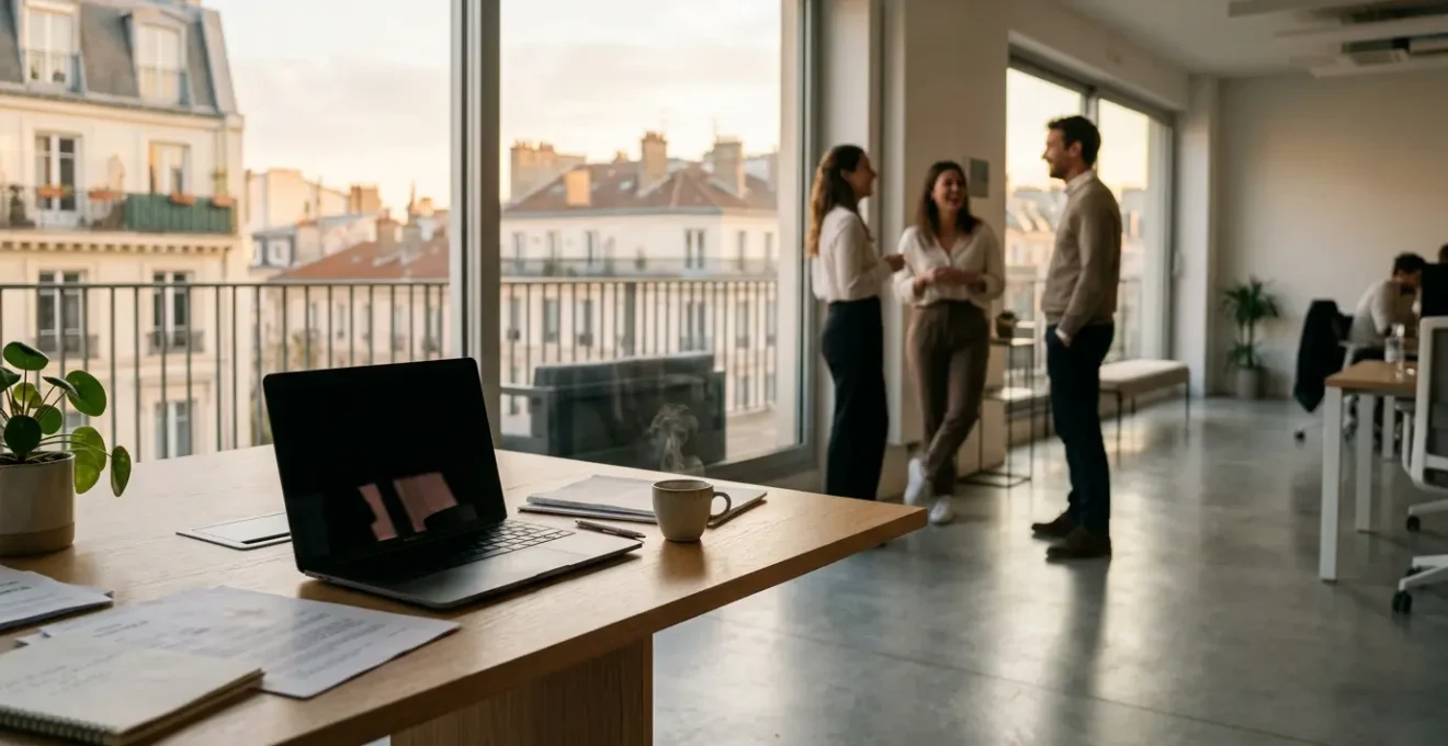 Bureau d'entreprise moderne avec documents administratifs et ambiance professionnelle calme