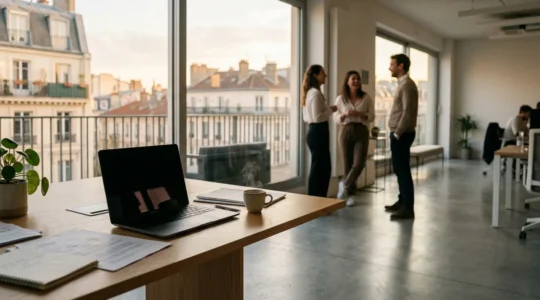 Bureau d'entreprise moderne avec documents administratifs et ambiance professionnelle calme