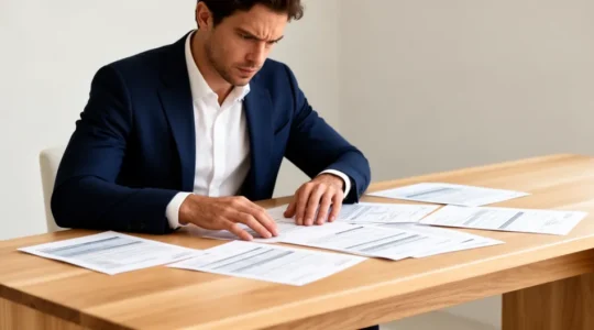 Entrepreneur analysant des documents administratifs avec concentration dans un bureau moderne