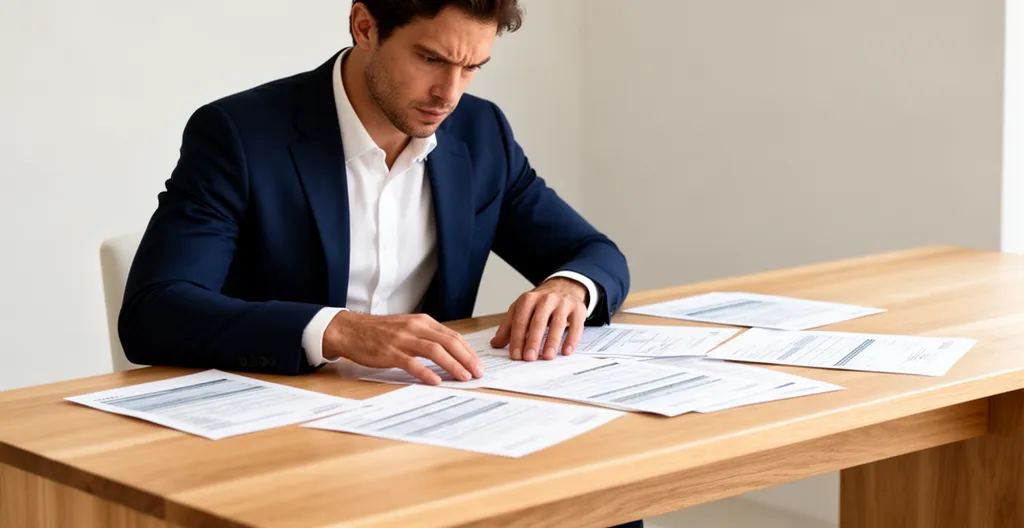 Entrepreneur analysant des documents administratifs avec concentration dans un bureau moderne