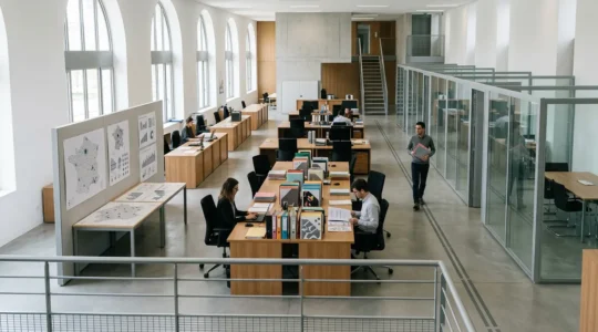 Vue plongeante d'un bureau montrant des dossiers de demandes de subventions et des cartes régionales françaises avec des infographies sur les financements