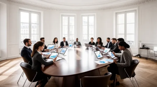 Vue aérienne d'une équipe commerciale analysant des graphiques de croissance autour d'une table de réunion moderne en France