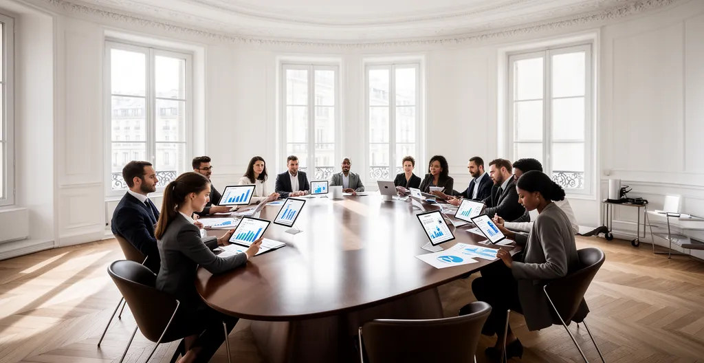 Vue aérienne d'une équipe commerciale analysant des graphiques de croissance autour d'une table de réunion moderne en France