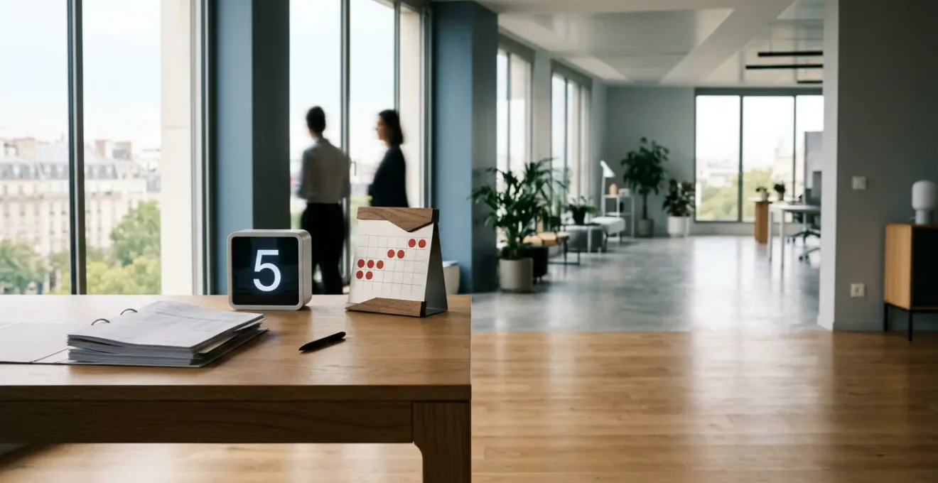 Bureaux administratifs français avec documents de paie et calendrier marqué, atmosphère professionnelle et moderne