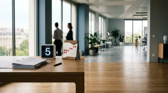 Bureaux administratifs français avec documents de paie et calendrier marqué, atmosphère professionnelle et moderne