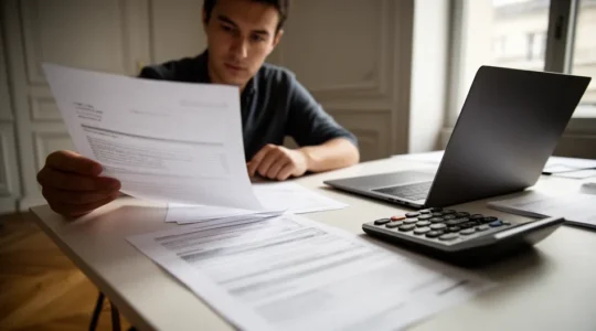 Entrepreneur consultant son mémento fiscal et ses documents administratifs sur son bureau avec un ordinateur en arrière-plan