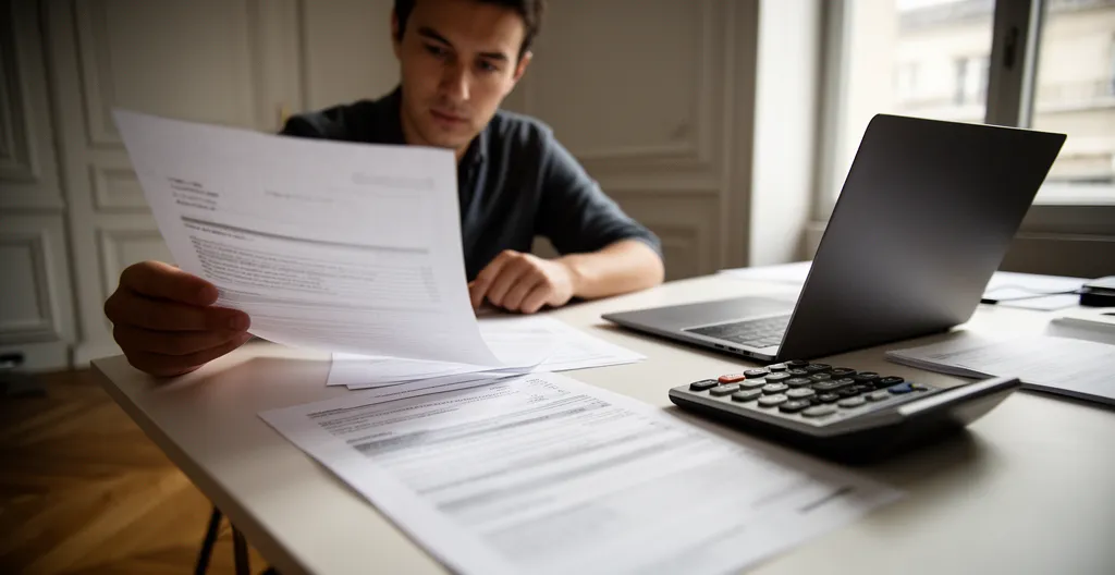 Entrepreneur consultant son mémento fiscal et ses documents administratifs sur son bureau avec un ordinateur en arrière-plan