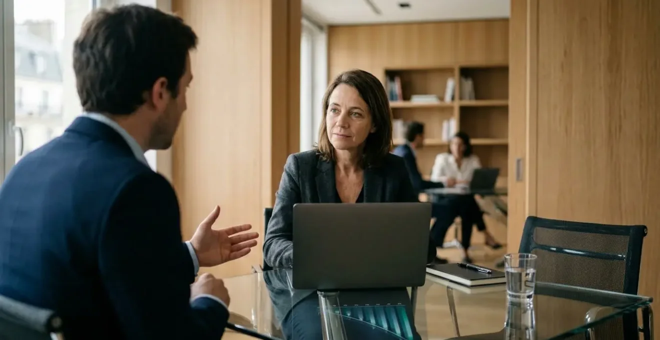 Entrepreneur présentant son projet digital à un banquier dans un bureau moderne avec graphiques et ordinateur portable