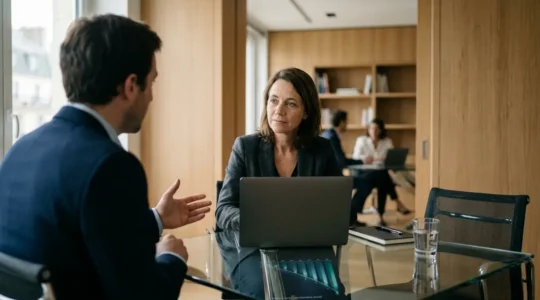 Entrepreneur présentant son projet digital à un banquier dans un bureau moderne avec graphiques et ordinateur portable