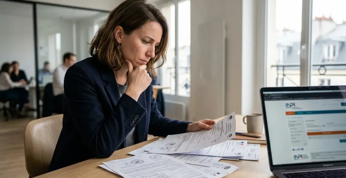 Entrepreneur examinant des documents administratifs complexes dans un bureau moderne