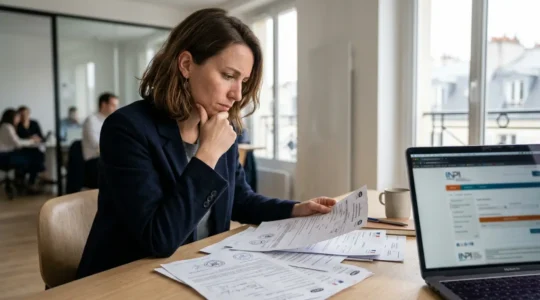 Entrepreneur examinant des documents administratifs complexes dans un bureau moderne