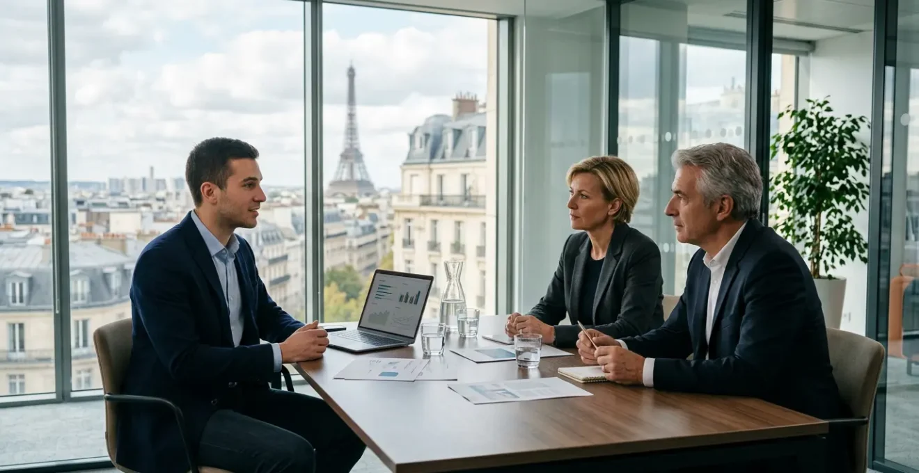 Entrepreneur présentant sa startup à des investisseurs dans un bureau moderne