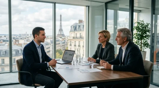 Entrepreneur présentant sa startup à des investisseurs dans un bureau moderne