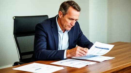 Entrepreneur analysant des documents financiers dans un bureau moderne avec calculatrice et graphiques