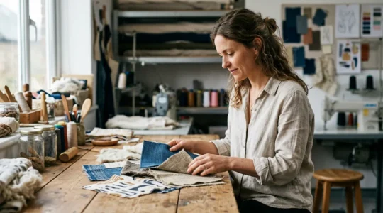 Créateur de mode éthique dans son atelier de production locale entouré de tissus biologiques