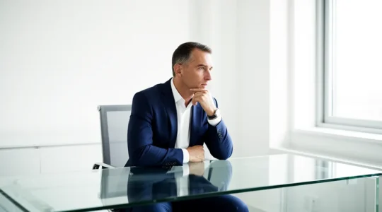 Entrepreneur en réflexion dans un bureau moderne avec documents financiers et calculatrice