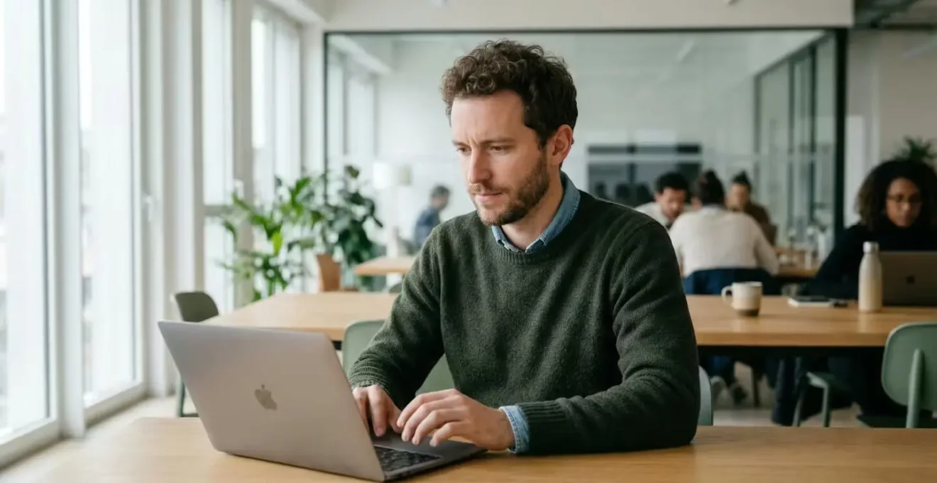 Entrepreneur français concentré devant ordinateur portable en espace de coworking lumineux