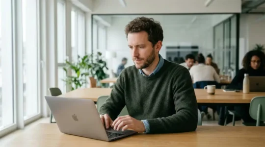 Entrepreneur français concentré devant ordinateur portable en espace de coworking lumineux