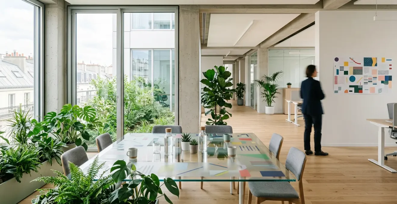 Vue d'architecte d'un bureau moderne avec documents RSE et symboles écologiques intégrés dans l'espace de travail