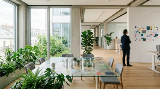 Vue d'architecte d'un bureau moderne avec documents RSE et symboles écologiques intégrés dans l'espace de travail