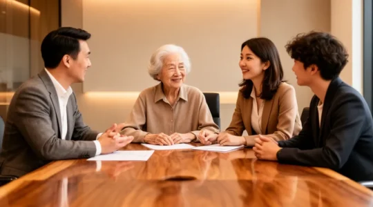 Famille d'entrepreneurs réunie autour d'une table de réunion dans un cadre chaleureux et professionnel