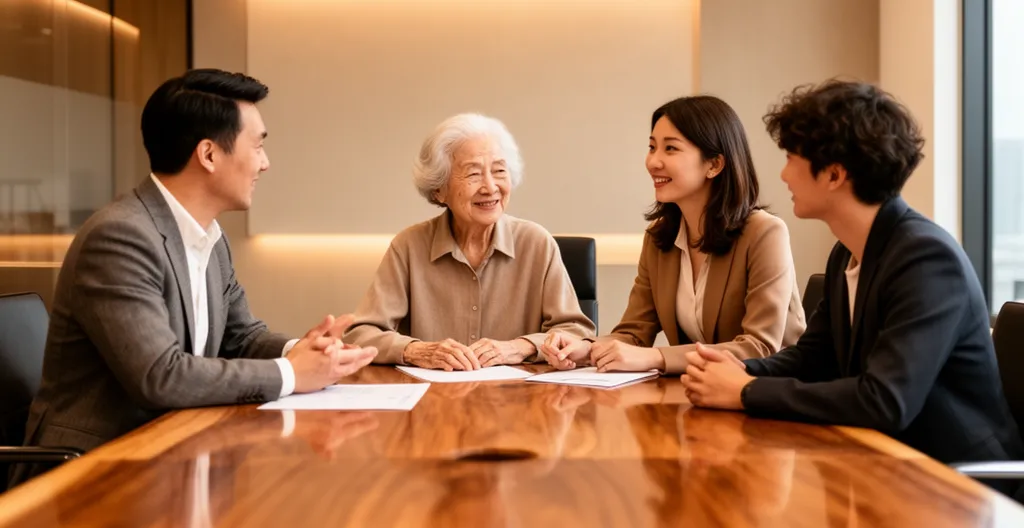 Famille d'entrepreneurs réunie autour d'une table de réunion dans un cadre chaleureux et professionnel