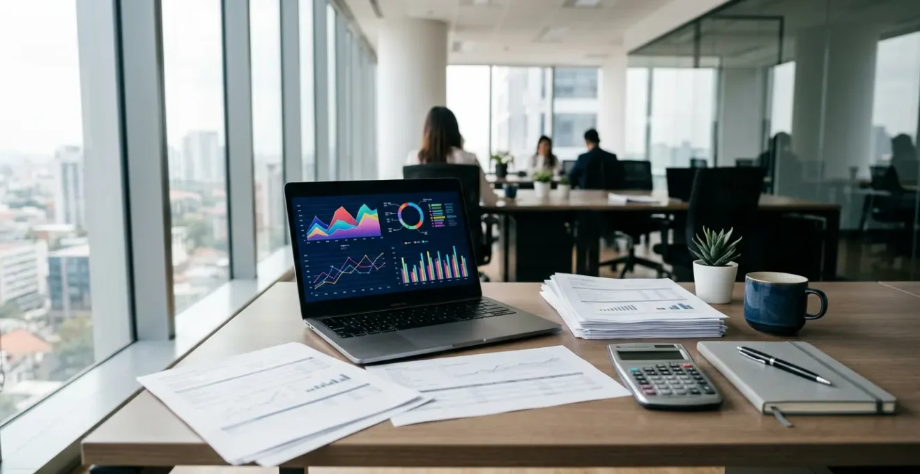 Bureau moderne avec documents financiers et calculatrice symbolisant le financement de factures