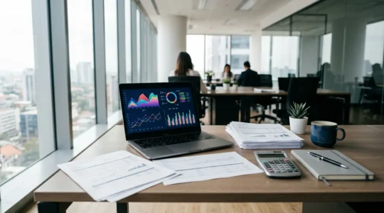 Bureau moderne avec documents financiers et calculatrice symbolisant le financement de factures