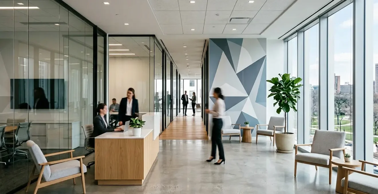 Vue intérieure d'un centre d'affaires moderne avec espaces de travail et détails administratifs